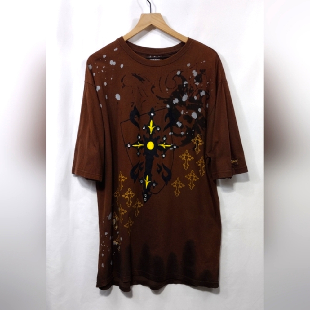 Victorious Cross Graphic Shirt Men's 2XL Brown Boho Retro Y2K 90s Grunge